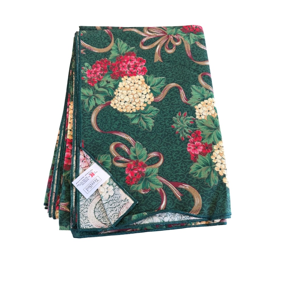 TerriSol Karsten Floral Tablecloth Green Red Gold Ribbon 100% Cotton 54x80Brazil